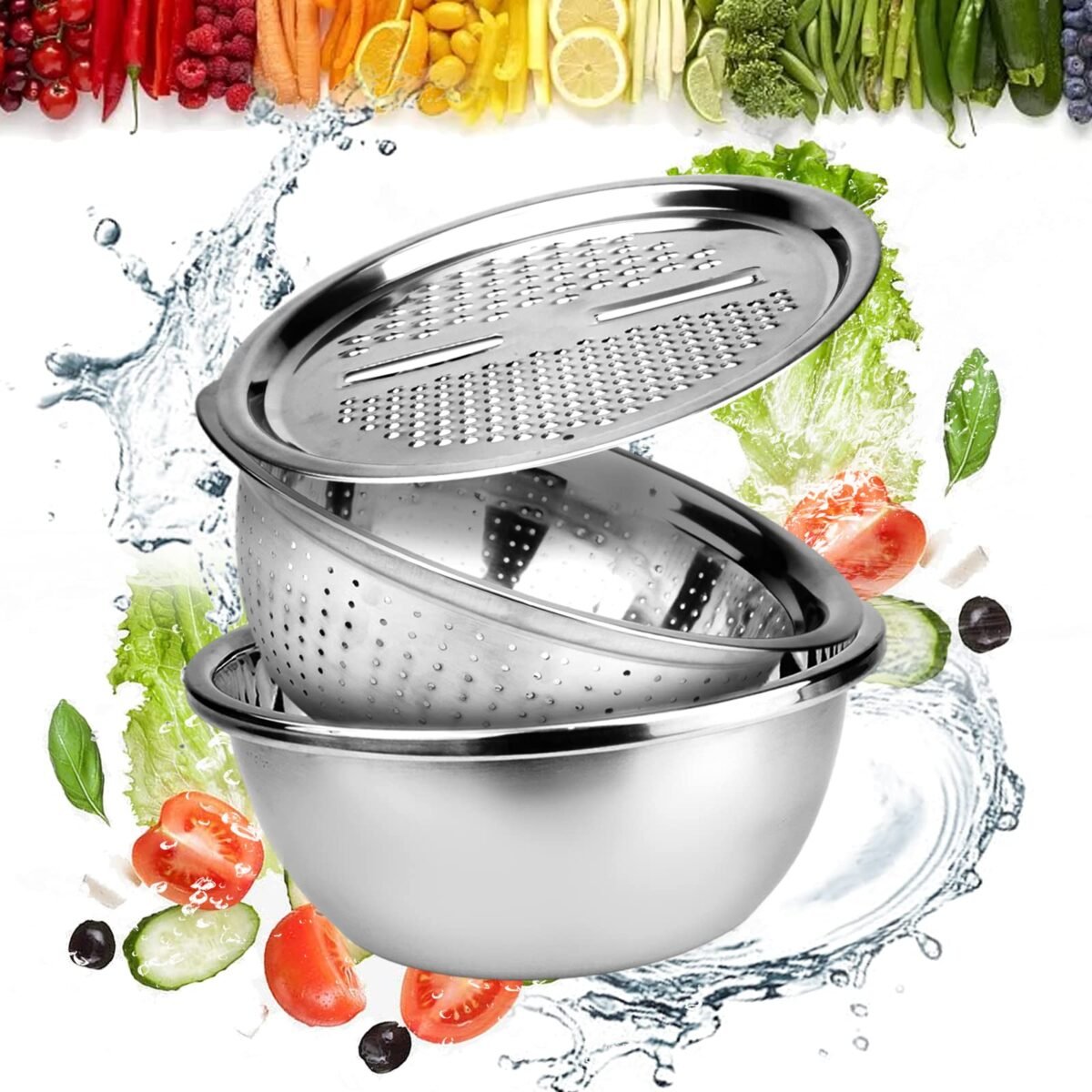 3 In 1 Stainless Steel Drain Basket Vegetable Cutter - Image 1