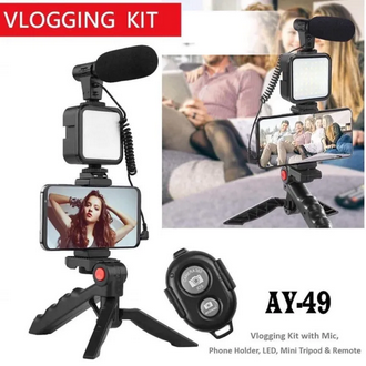 Ay-49 Phone Vlog Tripod Vlogging Kits Live Selfie Fill Light Integration With Remote Control Microphone Light Light – Ring Light
